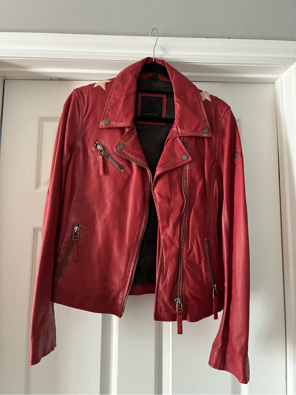 Women's Red Leather Moto Jacket with Star Shoulder Detail